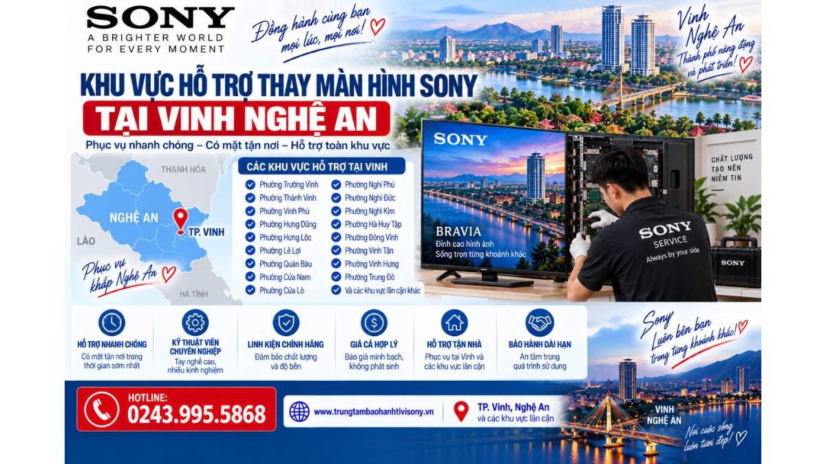 Khu vực hỗ trợ thay màn hình Sony tại Vinh Nghệ An https://www.trungtambaohanhtivisony.vnHOTLINE: 0243.995.5868