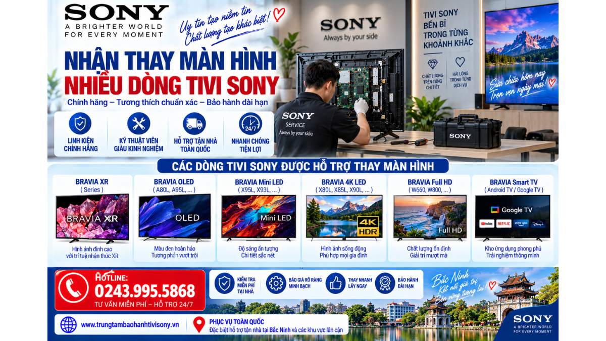 Nhận thay màn hình nhiều dòng tivi Sony https://www.trungtambaohanhtivisony.vnHOTLINE: 0243.995.5868