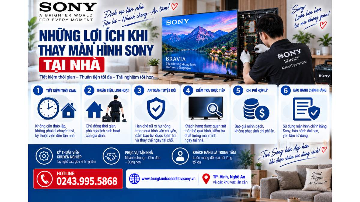 Những lợi ích khi thay màn hình Sony tại nhà https://www.trungtambaohanhtivisony.vnHOTLINE: 0243.995.5868