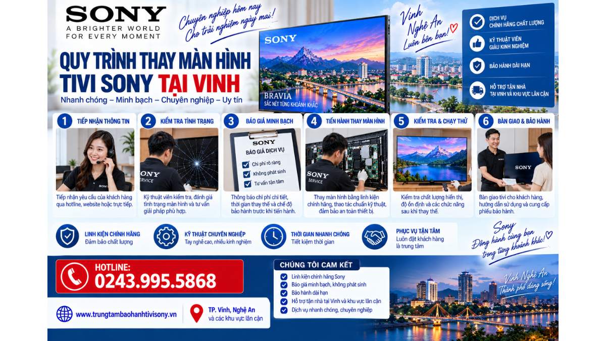 Quy trình thay màn hình tivi Sony tại Vinh https://www.trungtambaohanhtivisony.vnHOTLINE: 0243.995.5868