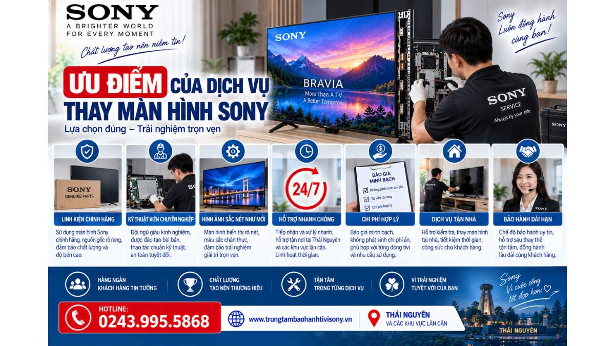 Ưu điểm của dịch vụ thay màn hình Sony https://www.trungtambaohanhtivisony.vnHOTLINE: 0243.995.5868