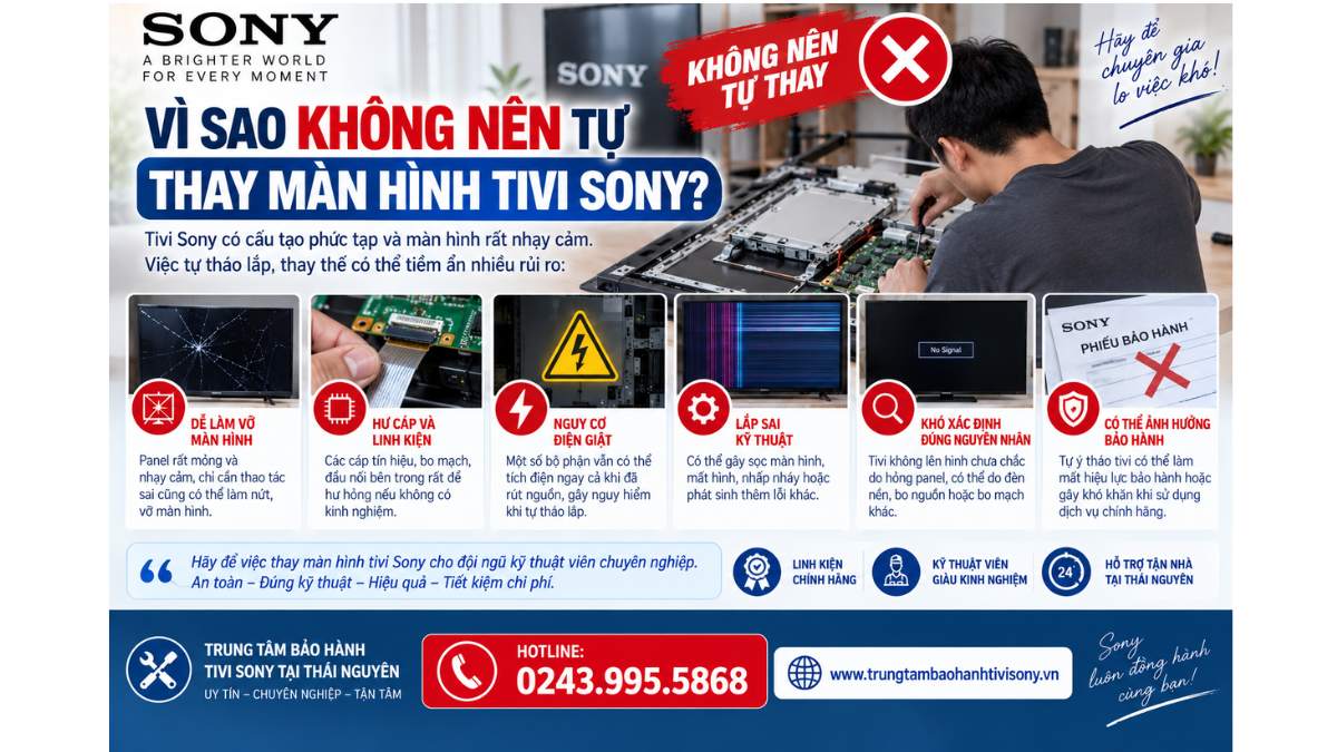 Vì sao không nên tự thay màn hình tivi Sony? https://www.trungtambaohanhtivisony.vnHOTLINE: 0243.995.5868